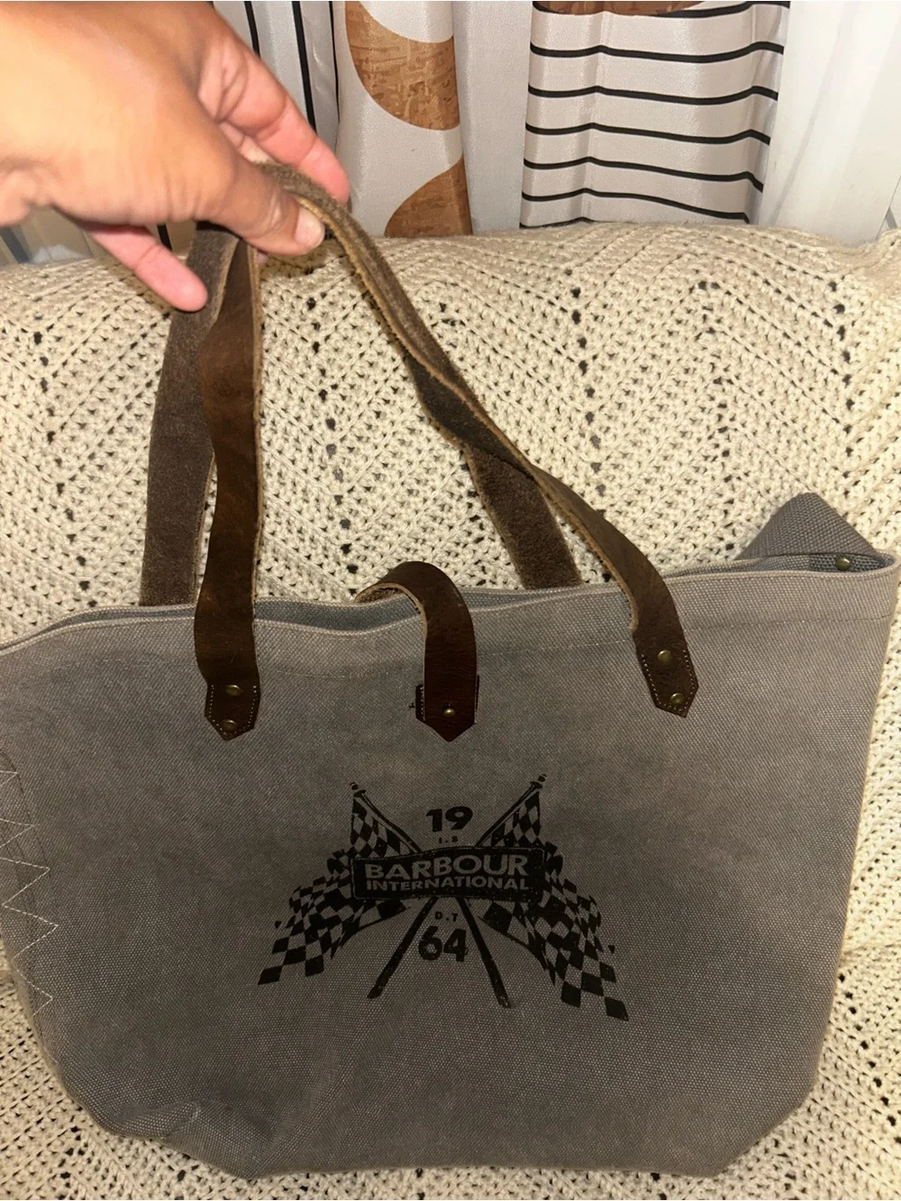Barbour Gray Canvas Duffel Tote with Brown Leather Handles